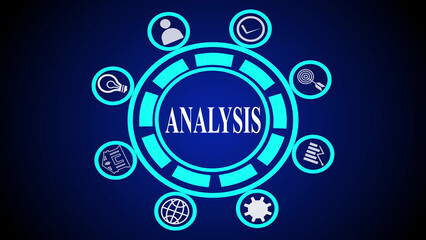 Analysis graphic with icons representing different aspects on a blue background and central text