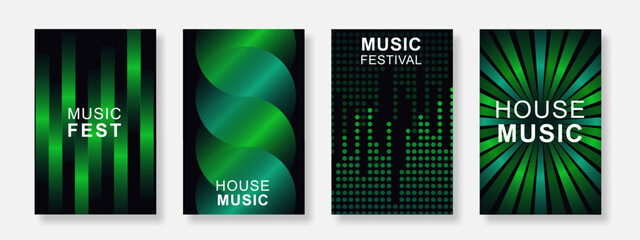 Modern green gradient music poster background illustration set. Minimalist cover template with geometric shape design. Suitable for flyer, club, festival, party, social media, banner. Vector
