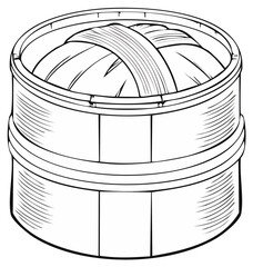 Obraz premium Outline Illustration of a Round Woven Steam Basket with Closed Lid Black and White Line Art