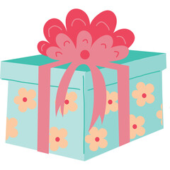 Turquoise gift box with pink ribbon bow and floral pattern presented on a white background perfect for celebrations and surprises