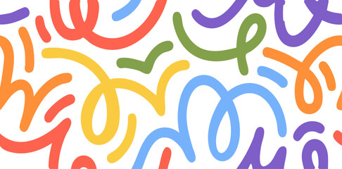 colorful seamless abstract scribble swirl lines pattern: vibrant retro memphis style minimal doodle background