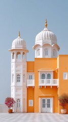 Obraz premium Close up of white domed rooftop of golden temple building with ornate architecture against pale blue sky on a sunny day
