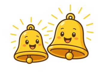 Pair of happy cartoon golden bells ringing with cheerful faces, symbolizing sound, notification, and alert