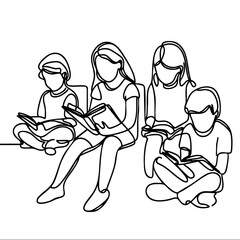Children reading continuous line drawing