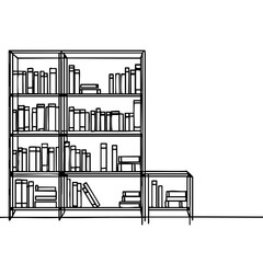 Single line drawing in modern minimalist style of library bookshelves for International Day of Education on white background with copy space
