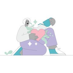 Two Abstract Figures Collaborating to Hold a Pink Heart Symbol with Sparkles and Swirls Suggesting Love and Connection on a Transparent Background