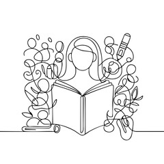 Single line drawing in modern minimalist style of student studying at home desk on white background with copy space