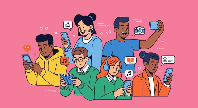 Diverse group of young people engaging with technology and social interaction concept