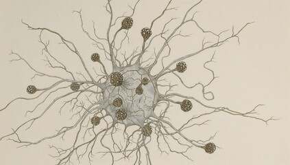 Neuron soma featuring multiple synaptic endings, mainly visualized as silver nitrate-stained terminal boutons following Cajal's method.