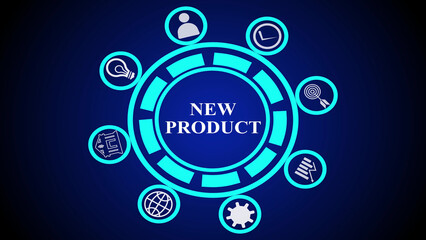 A digital illustration displaying new product in a circular design with icons around the circle edge