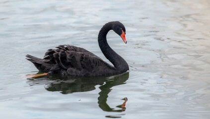 Elegant black swan gracefully floating on the water's surface, representing tranquility