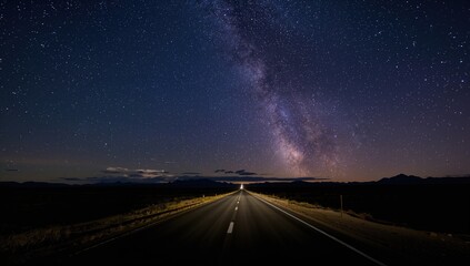 Naklejka premium Desert road illuminated by stars at night, evoking solitude
