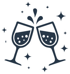 Two champagne glasses toasting with bubbles and star sparkles for celebration party icon symbol