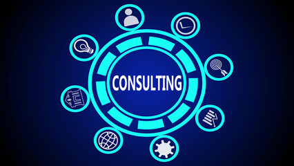 Consulting concept with icons in a circular arrangement on a blue background digital illustration