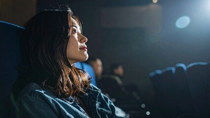 Fototapeta premium 映画館でスクリーンを見つめる若い日本人女性