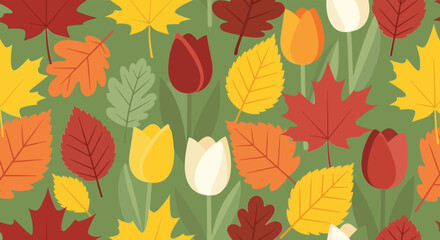 A vibrant pattern featuring stylized orchids and large green leaves, creating a botanical design.