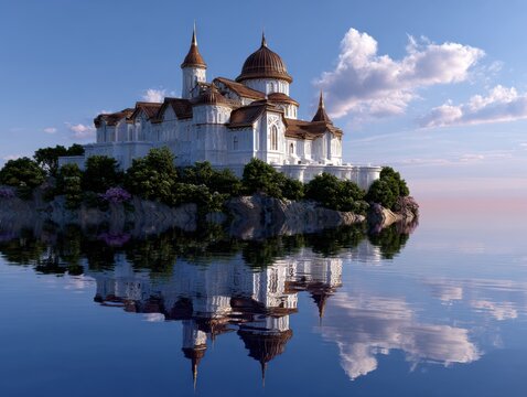 Majestic fantasy castle with ornate architecture stands proudly on a floating island, surrounded by tranquil waters and lush greenery, reflecting beauty in serene atmosphere