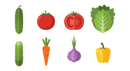 Fresh vegetable icons featuring cucumber, tomato, carrot, onion, lettuce, and bell pepper in flat design