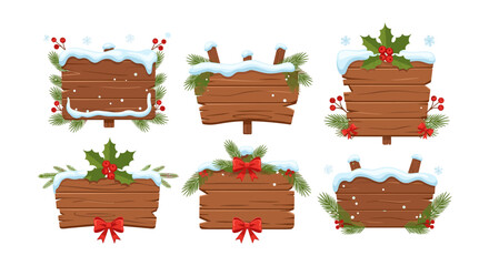 Festive wooden winter signs with snow, holly, and red bows collection
