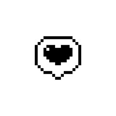 Obraz premium Speech bubble with heart symbol 8-bit pixel art. Retro monochrome design representing love, affection, or emotion. Minimal digital icon for classic pixel games and interfaces.