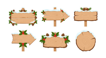 Naklejka premium Festive wooden signs with snowflakes and holly for holiday decor