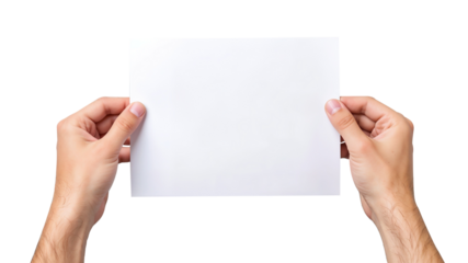 Hands holding blank white sheet of paper isolated on a transparent background