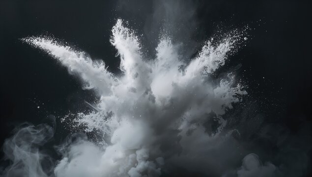Unusual white powder burst forming shapes on a black backdrop. Scattering white dust specks