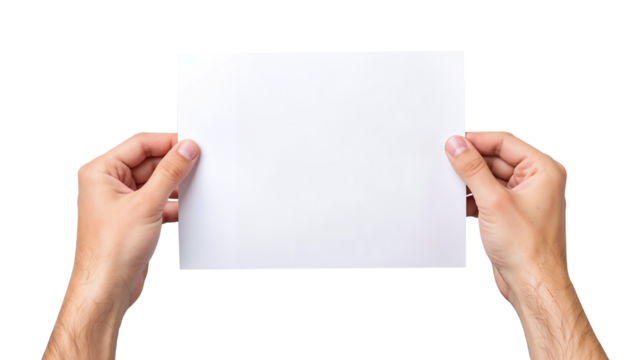 Hands holding blank white sheet of paper isolated on a transparent background