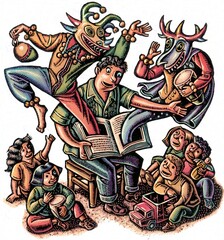 Puerto Rico Carnival costumed vejigante figures come from book as children listen