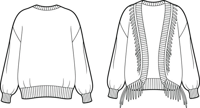 Sweater technical sketch, front and back view, fringe trim, balloon sleeve, ribbed cuff, open front, fashion apparel layout
