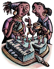 Obraz premium two black women eating a birthday cake shaped like a piano