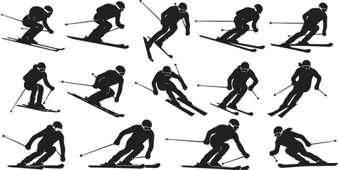 Dynamic silhouettes of skiers in action, perfect for winter sports enthusiasts and outdoor adventure marketing campaigns during the snowy season