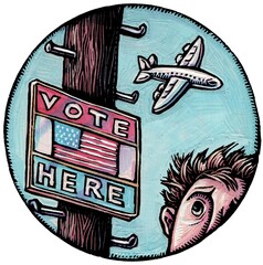 Obraz premium man looks at voting sign on telephone pole and sees airplane flying overhead in the distance