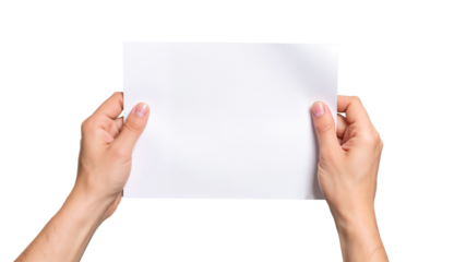 Hands holding blank white sheet of paper isolated on a transparent background
