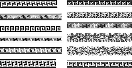 Ancient Greek borders. Greek Roman meander and wave decorative seamless patterns vector illustration set. Greek geometric meander borders