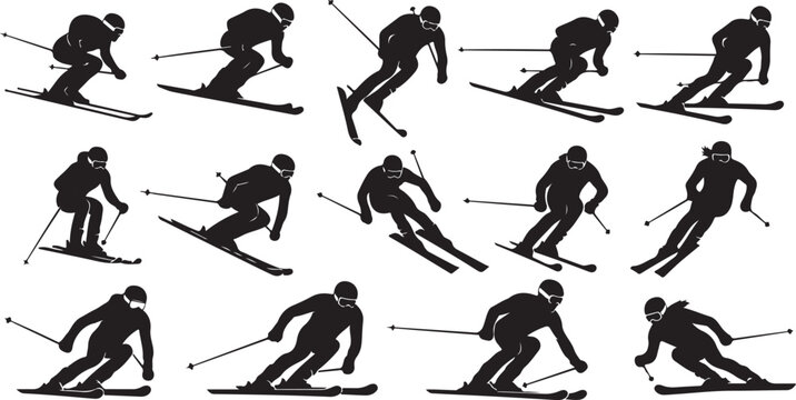 Dynamic silhouettes of skiers in action, perfect for winter sports enthusiasts and outdoor adventure marketing campaigns during the snowy season