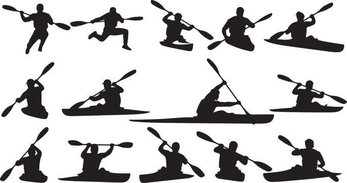 Dynamic kayaking silhouettes showcase outdoor water sports and adventurous recreational activities with paddles for print or digital design resources - Powered by Adobe