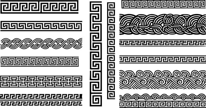 Ancient Greek borders. Greek Roman meander and wave decorative seamless patterns vector illustration set. Greek geometric meander borders