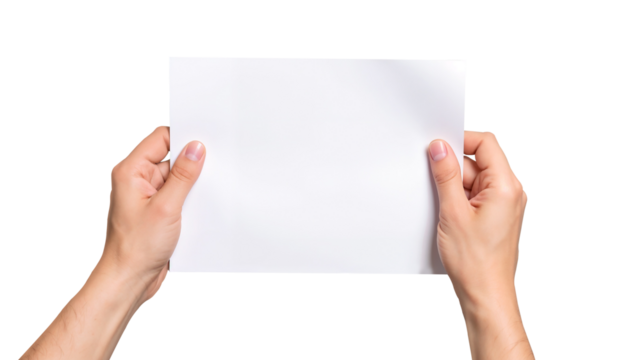 Hands holding blank white sheet of paper isolated on a transparent background