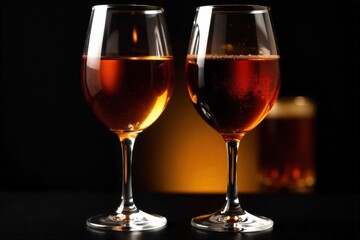 Shared moments over a drink, emphasizing connection and camaraderie. Close up macro shot of two crystal wine glasses with amber liquid, perfectly angled to clink. Soft, warm bokeh lights in the