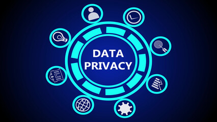 Data privacy concept with icons surrounding a central circle on a dark blue gradient background
