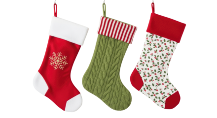 Three christmas stockings hanging transparent background cutout png