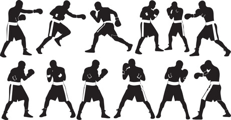 Dynamic black and white silhouettes of boxers in action showcasing power, agility, and determination for sports marketing and fitness campaigns