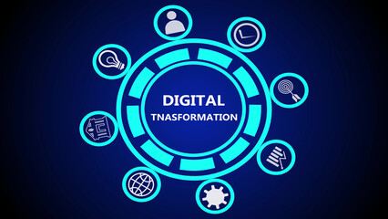 Digital transformation concept with icons in a circular arrangement on a dark blue background