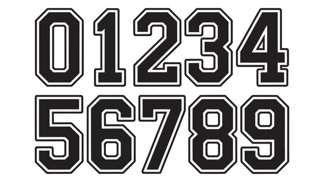 A set of black and white collegiate style sport numbers from zero to nine
