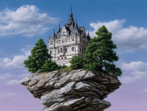 Majestic fantasy castle perched on a floating island, surrounded by lush greenery and dramatic clouds, creating an enchanting and surreal atmosphere in a vibrant sky