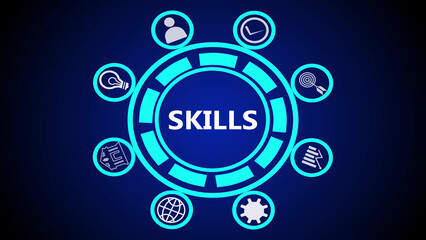Skills concept illustration with icons around a central circle on a dark blue gradient background
