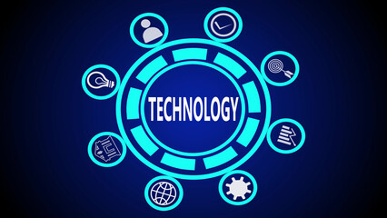 A digital illustration of technology concept with icons on a blue background in a circular design