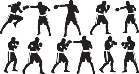 Dynamic boxing silhouettes showcase powerful punches and athletic stances for sports, fitness, and competition themes