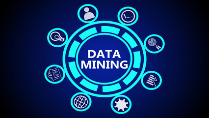 Data mining concept with circular icons representing different aspects on a blue background glow